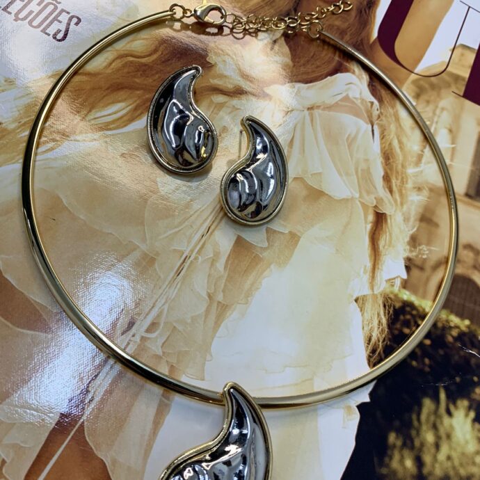 Gargantilha e Brinco Dourado Gota